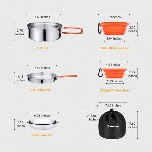  KingCamp 17/25pcs Stainless Steel Camping Cookware Mess Kit Camping Cooking Set Backpacking Gear Lightweight Pots and Pans Set with Folding Knife Fork for Camping Hiking Picnic