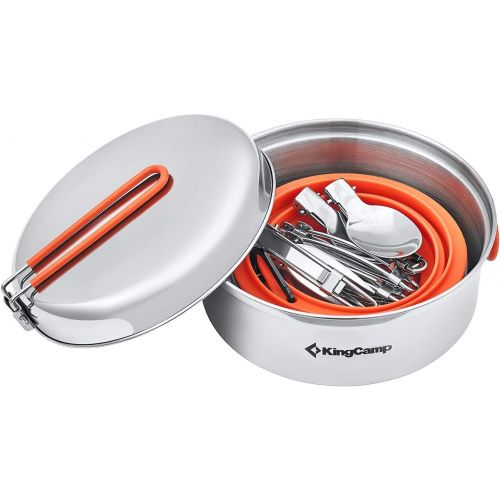  KingCamp 17/25pcs Stainless Steel Camping Cookware Mess Kit Camping Cooking Set Backpacking Gear Lightweight Pots and Pans Set with Folding Knife Fork for Camping Hiking Picnic