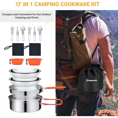  KingCamp 17/25pcs Stainless Steel Camping Cookware Mess Kit Camping Cooking Set Backpacking Gear Lightweight Pots and Pans Set with Folding Knife Fork for Camping Hiking Picnic