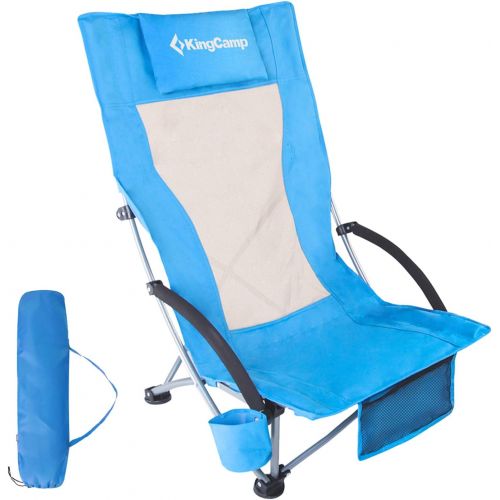  KingCamp Beach Chair with Padded Armrest, Low Portable Camping Chair with Cup Holder, Mesh Backpacking Chair for Outdoor, Camping, BBQ, Beach, Travel, Picnic, Easy Carry (Blue)