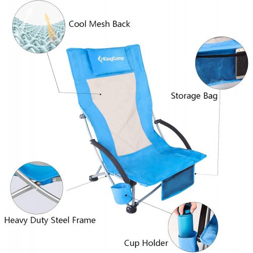  KingCamp Beach Chair with Padded Armrest, Low Portable Camping Chair with Cup Holder, Mesh Backpacking Chair for Outdoor, Camping, BBQ, Beach, Travel, Picnic, Easy Carry (Blue)