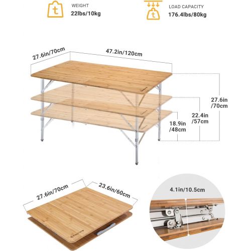  KingCamp Bamboo Heavy Duty 176 lbs Environmental Protection Oversize Anti UV Portable Folding Table, Picnic, Camping, Three Heights,4 6 People
