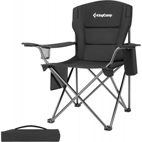  KingCamp Oversized Heavy Duty Outdoor Camping Folding Chair, Ultralight Collapsible Padded Arm Chair with Cooler, Cup Holder, Side Pocket, Supports 300 lbs, Black