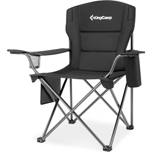  KingCamp Oversized Heavy Duty Outdoor Camping Folding Chair, Ultralight Collapsible Padded Arm Chair with Cooler, Cup Holder, Side Pocket, Supports 300 lbs, Black