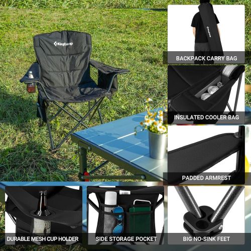  KingCamp Oversized Heavy Duty Outdoor Camping Folding Chair, Ultralight Collapsible Padded Arm Chair with Cooler, Cup Holder, Side Pocket, Supports 300 lbs, Black
