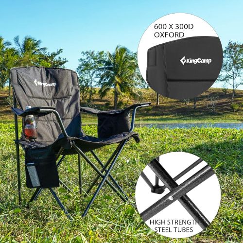  KingCamp Oversized Heavy Duty Outdoor Camping Folding Chair, Ultralight Collapsible Padded Arm Chair with Cooler, Cup Holder, Side Pocket, Supports 300 lbs, Black