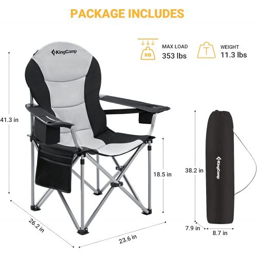  KingCamp Folding Camping Armrest Chair Oversized Portable Fully Padded Chair with Lumbar Back Support, Heavy Duty, Cooler Bag & Cup Holder & Side Pocket & Carry Bag, Finshing, Hiki