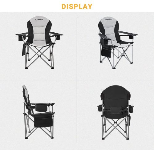  KingCamp Folding Camping Armrest Chair Oversized Portable Fully Padded Chair with Lumbar Back Support, Heavy Duty, Cooler Bag & Cup Holder & Side Pocket & Carry Bag, Finshing, Hiki