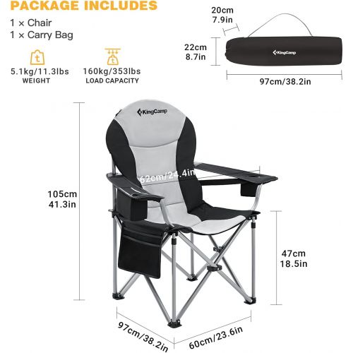  KingCamp Lumbar Back Padded Camp Chair Heavy Duty Oversized Folding Camping Chair with Cooler Bag Armrest and Cup Holder for Outdoor, Fishing, Yard, Sports