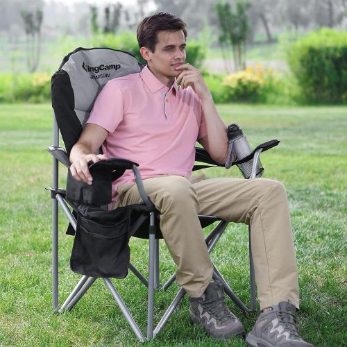  KingCamp Lumbar Back Padded Camp Chair Heavy Duty Oversized Folding Camping Chair with Cooler Bag Armrest and Cup Holder for Outdoor, Fishing, Yard, Sports