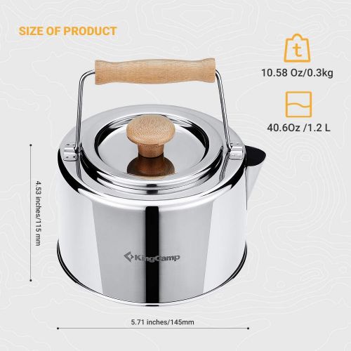  KingCamp Stainless Steel Camping Kettle 1.2L, Lightweight Portable Compact Outdoor Tea Coffee Pot Hiking Cooking Gear Hot Water kettle with Bamboo Handle for Backpacking Picnic Hik