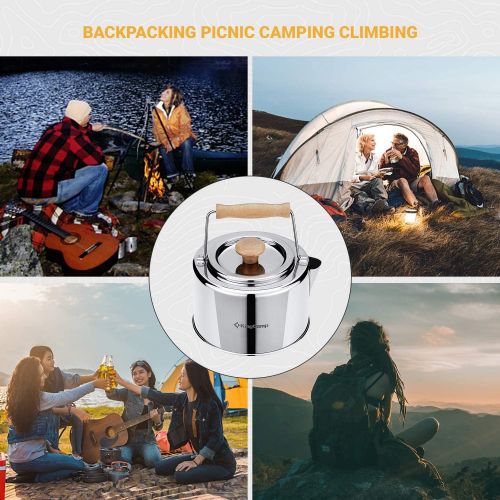  KingCamp Stainless Steel Camping Kettle 1.2L, Lightweight Portable Compact Outdoor Tea Coffee Pot Hiking Cooking Gear Hot Water kettle with Bamboo Handle for Backpacking Picnic Hik