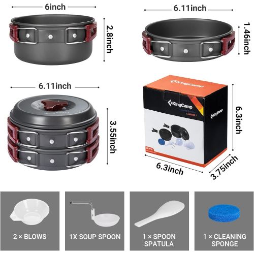  KingCamp 7/9/18Pcs Camping Cookware Mess Kit Camping Cooking Set Non-Stick Hard-Anodized Aluminum Camping Gear Camping Pots and Pans Set with Tableware for Outdoor Backpacking Hiki