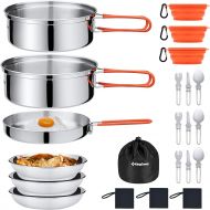 KingCamp 17/25 PCS Stainless Steel Camping Cookware Mess Kit, Nonstick Lightweight Compact Backpacking Cooking Set for Outdoor Picnic Hiking, Includes Pot Pan Bowls Plates and Cutl