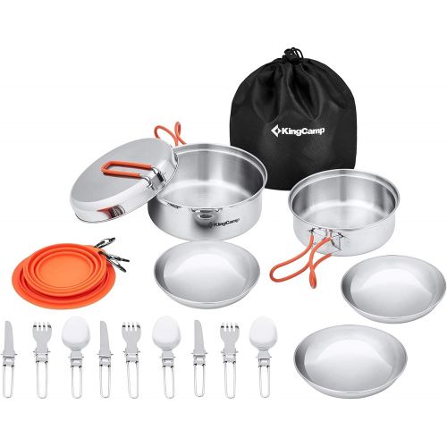  KingCamp 17/25 PCS Stainless Steel Camping Cookware Mess Kit, Nonstick Lightweight Compact Backpacking Cooking Set for Outdoor Picnic Hiking, Includes Pot Pan Bowls Plates and Cutl
