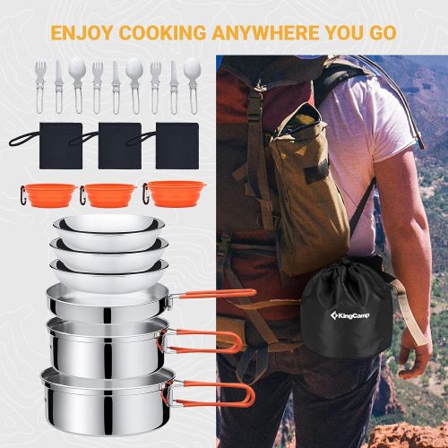  KingCamp 17/25 PCS Stainless Steel Camping Cookware Mess Kit, Nonstick Lightweight Compact Backpacking Cooking Set for Outdoor Picnic Hiking, Includes Pot Pan Bowls Plates and Cutl