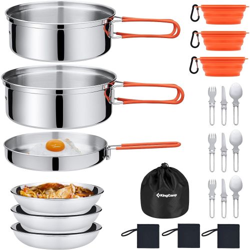  KingCamp 17/25 PCS Stainless Steel Camping Cookware Mess Kit, Nonstick Lightweight Compact Backpacking Cooking Set for Outdoor Picnic Hiking, Includes Pot Pan Bowls Plates and Cutl