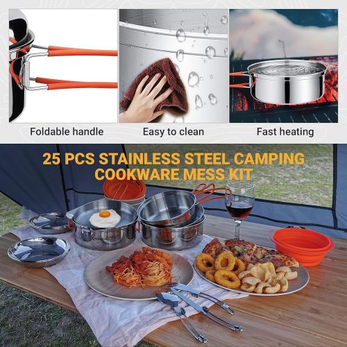  KingCamp 17/25 PCS Stainless Steel Camping Cookware Mess Kit, Nonstick Lightweight Compact Backpacking Cooking Set for Outdoor Picnic Hiking, Includes Pot Pan Bowls Plates and Cutl