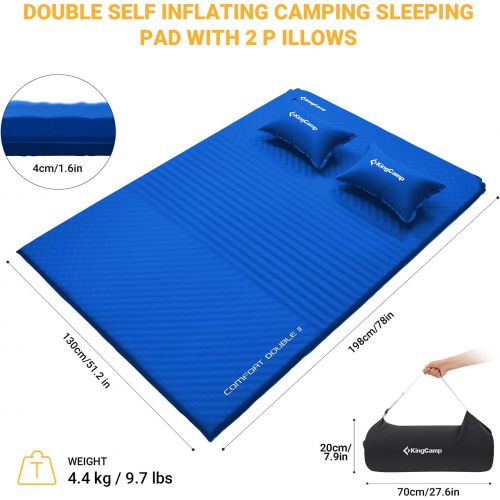  KingCamp Double Self Inflating Sleeping Pad for Camping 75D Sleeping Mat Queen Size Foam Camping Pad with 2 Travel Pillows Air Mattress for Backpacking Tent Indoor Outdoor