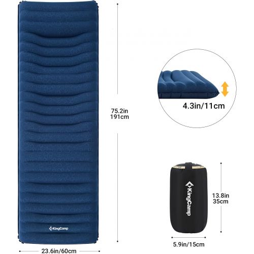  KingCamp Camping Inflatable Sleeping Pad Mat Utralight Air Mattress Pad Ergonomic Design Built-in Pillow 6 inch for Backpacking Traveling and Hiking.