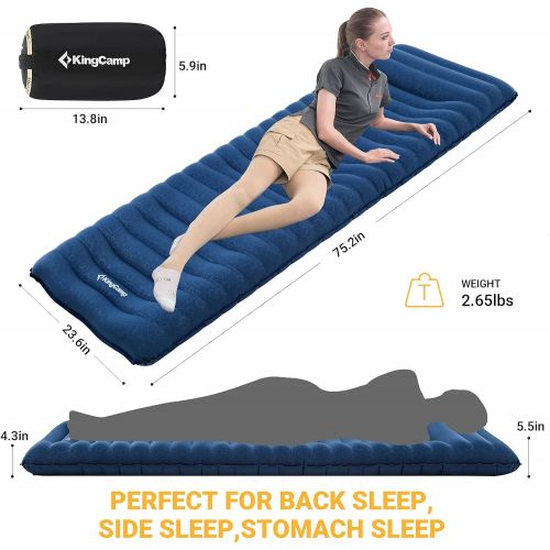  KingCamp Camping Inflatable Sleeping Pad Mat Utralight Air Mattress Pad Ergonomic Design Built-in Pillow 6 inch for Backpacking Traveling and Hiking.