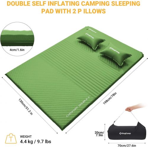  KingCamp Sleeping Pad for Camping Double, Self Inflating Twin Size Mat, Triple Zone Lightweight Camping Mattress with Pillow, Compact for Hiking, Car trip, Tent, Cot, Outdoor and I