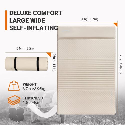  KingCamp Outdoors Air Pad Self Inflating Mattress Camping Foam Pad Queen Size Portable Air Backpacking with Pillow for Indoors Tent Hiking,Beige