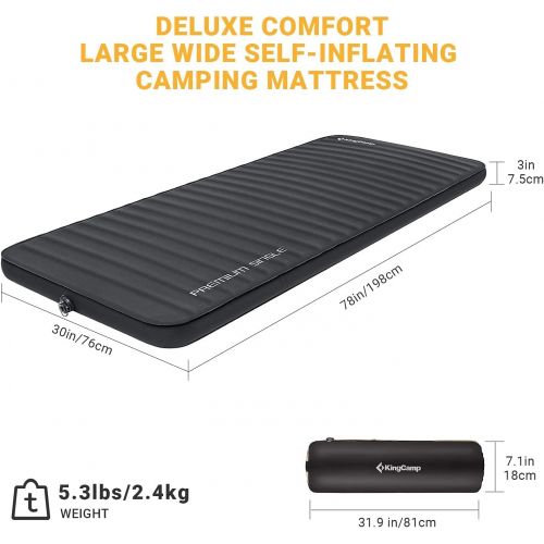  KingCamp Luxury 3D Insulated 3 Inch Wide Self Inflating Sleeping Pad R Value 9.5, Extra Large XL Foam Camping Air Mattress for Car Camping, Tent, Travel, Black