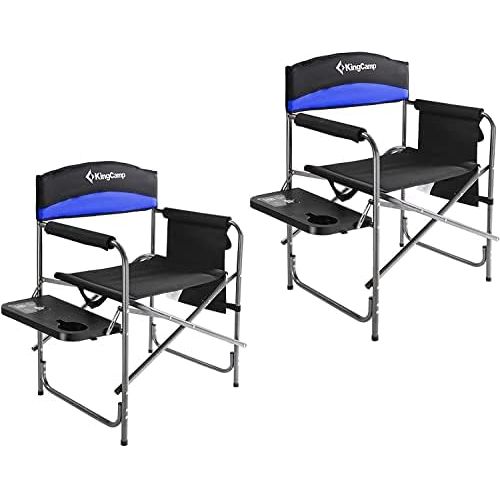  KingCamp 2 Pack Heavy Duty Camping Chair Folding Director Chair Supports 400lbs Oversize Padded Seat Lawn Folding Chair with Side Table and Side Pockets (Black/RoyalBlue)
