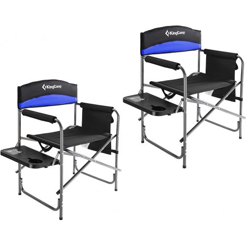  KingCamp 2 Pack Heavy Duty Camping Chair Folding Director Chair Supports 400lbs Oversize Padded Seat Lawn Folding Chair with Side Table and Side Pockets (Black/RoyalBlue)