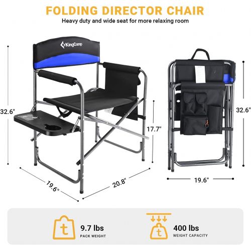  KingCamp 2 Pack Heavy Duty Camping Chair Folding Director Chair Supports 400lbs Oversize Padded Seat Lawn Folding Chair with Side Table and Side Pockets (Black/RoyalBlue)