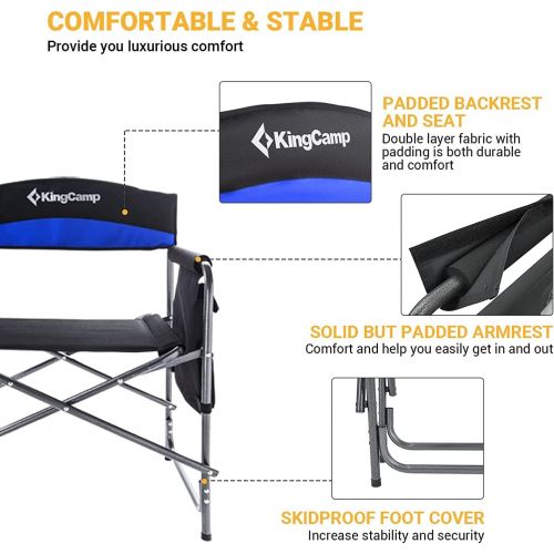  KingCamp 2 Pack Heavy Duty Camping Chair Folding Director Chair Supports 400lbs Oversize Padded Seat Lawn Folding Chair with Side Table and Side Pockets (Black/RoyalBlue)