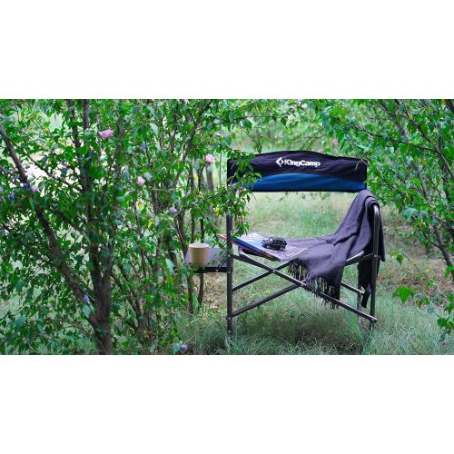  KingCamp 2 Pack Heavy Duty Camping Chair Folding Director Chair Supports 400lbs Oversize Padded Seat Lawn Folding Chair with Side Table and Side Pockets (Black/RoyalBlue)