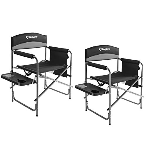  KingCamp 2 Pack Heavy Duty Camping Chair Folding Director Chair Supports 400lbs Oversized Camp Chair for Adults Padded Seat Lawn Folding Chair with Side Table and Side Pockets (Bla