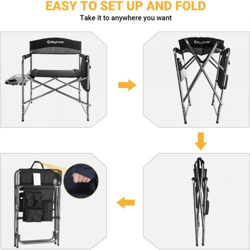  KingCamp 2 Pack Heavy Duty Camping Chair Folding Director Chair Supports 400lbs Oversized Camp Chair for Adults Padded Seat Lawn Folding Chair with Side Table and Side Pockets (Bla