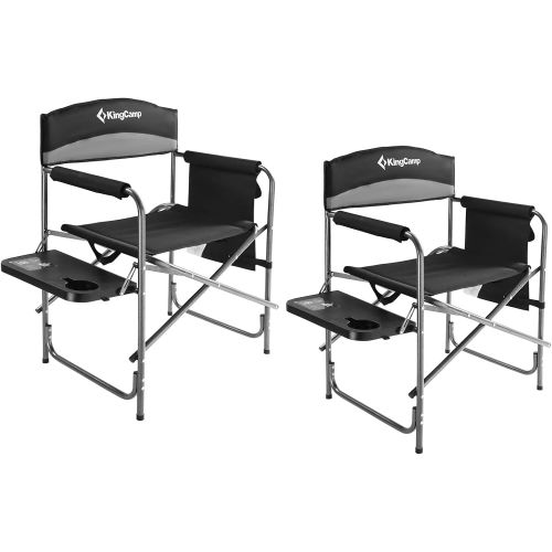  KingCamp 2 Pack Heavy Duty Camping Chair Folding Director Chair Supports 400lbs Oversized Camp Chair for Adults Padded Seat Lawn Folding Chair with Side Table and Side Pockets (Bla