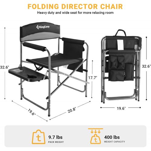  KingCamp 2 Pack Heavy Duty Camping Chair Folding Director Chair Supports 400lbs Oversized Camp Chair for Adults Padded Seat Lawn Folding Chair with Side Table and Side Pockets (Bla