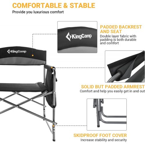  KingCamp 2 Pack Heavy Duty Camping Chair Folding Director Chair Supports 400lbs Oversized Camp Chair for Adults Padded Seat Lawn Folding Chair with Side Table and Side Pockets (Bla