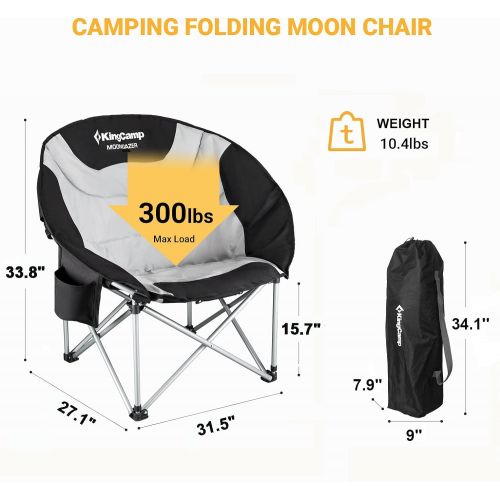  KingCamp Camping Chair Oversized Padded Moon Round Saucer Chairs Camping Folding Chair with Cup Holder,Storage Bag,Carry Bag for Camping, Hiking Fishing Sports Balck&Grey Camping C