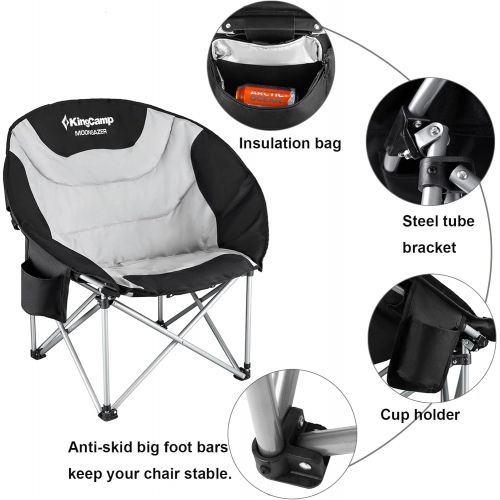  KingCamp Camping Chair Oversized Padded Moon Round Saucer Chairs Camping Folding Chair with Cup Holder,Storage Bag,Carry Bag for Camping, Hiking Fishing Sports Balck&Grey Camping C