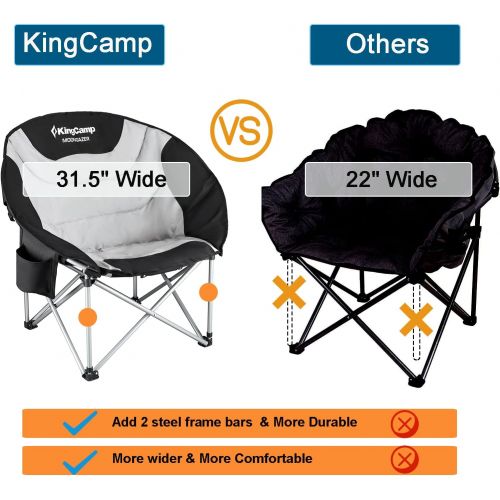  KingCamp Camping Chair Oversized Padded Moon Round Saucer Chairs Camping Folding Chair with Cup Holder,Storage Bag,Carry Bag for Camping, Hiking Fishing Sports Balck&Grey Camping C