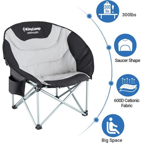  KingCamp Camping Chair Oversized Padded Moon Round Saucer Chairs Camping Folding Chair with Cup Holder,Storage Bag,Carry Bag for Camping, Hiking Fishing Sports Balck&Grey Camping C