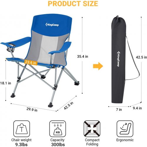  KingCamp Folding Camping Chair Oversized Heavy Duty Outdoor Camp Chair Portable Lawn Chair Arm Chair, Sturdy Steel Frame Supports 300 Lbs with Cup Holder for Sports Fishing Picnic