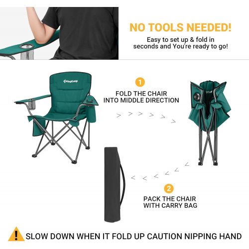  KingCamp Padded Heavy Duty Oversized Folding Camping Chairs Steel Frame with Cooler Bag Cup Holder Supports 300 LBS