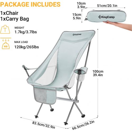  KingCamp Lightweight High Back Camping Chairs Compact Folding Chair Ultralight Backpacking Chair with Armrest & Side Pocket & Carry Bag, Heavy Duty Supports 265 lbs, Weighs Only 3.