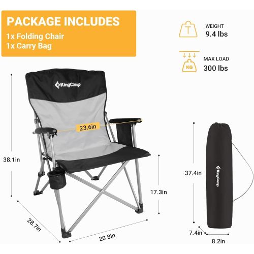  KingCamp Outdoor Folding Camping Chair Padded Backrest Lawn Chairs Heavy Duty Portable Chairs for Adults with Cup Holder, Large Pocket, Supports 300 lbs (Black)