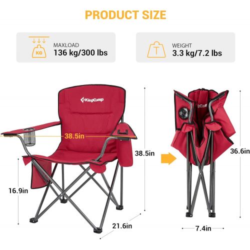  KingCamp Padded Heavy Duty Oversized Folding Camping Chairs Steel Frame with Cooler Bag Cup Holder Supports 300 LBS