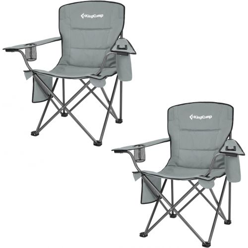  KingCamp 2 Pack Oversized Camping Folding Chair Padded Arm Chair Outdoor Lawn Chairs Heavy Duty Steel Frame High Back with Cooler Bag Cup Holder Supports 300 LBS (Grey)