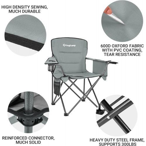  KingCamp 2 Pack Oversized Camping Folding Chair Padded Arm Chair Outdoor Lawn Chairs Heavy Duty Steel Frame High Back with Cooler Bag Cup Holder Supports 300 LBS (Grey)