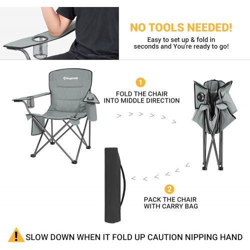  KingCamp 2 Pack Oversized Camping Folding Chair Padded Arm Chair Outdoor Lawn Chairs Heavy Duty Steel Frame High Back with Cooler Bag Cup Holder Supports 300 LBS (Grey)
